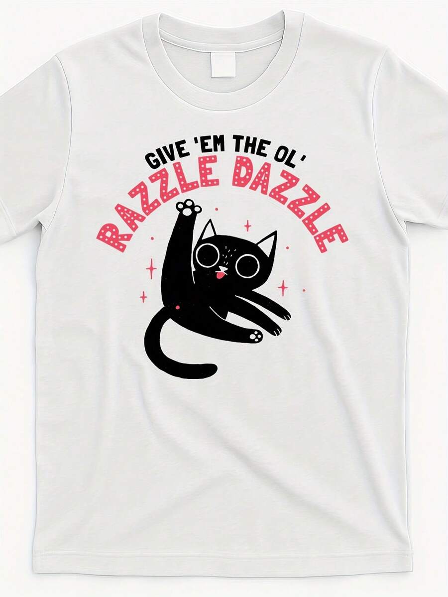 Unisex 2025 Summer Graphic T-Shirt - "Give 'Em The Ol' Razzle Dazzle" Cat Design, 180GSM Heavyweight Cotton, Short Sleeve Round Neck Casual Tee For Men & Women - 白色 - 查看 1