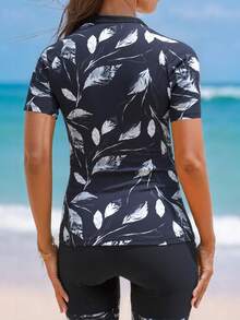 Women's Casual Elegant High Neck Zipper Leaf Print Rash Guard Swimsuit With Shorts For Beach Or Pool Fun - Black - View 4