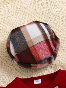 女婴三件套红色长袖蝴蝶结上衣、格子蝴蝶结裙和帽子套装 - 紅色 - 查看 3