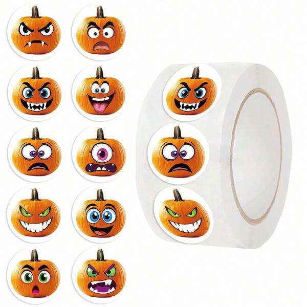 500 stuks Halloween pompoenstickers op rol - koffer, beker, laptop, vakantiedecoratie, skateboard, gitaar, helm, papier-knipboek, doe-het-zelf stickers