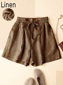 Women's Casual Linen Ruched Waist Pocket Shorts, Spring/Summer