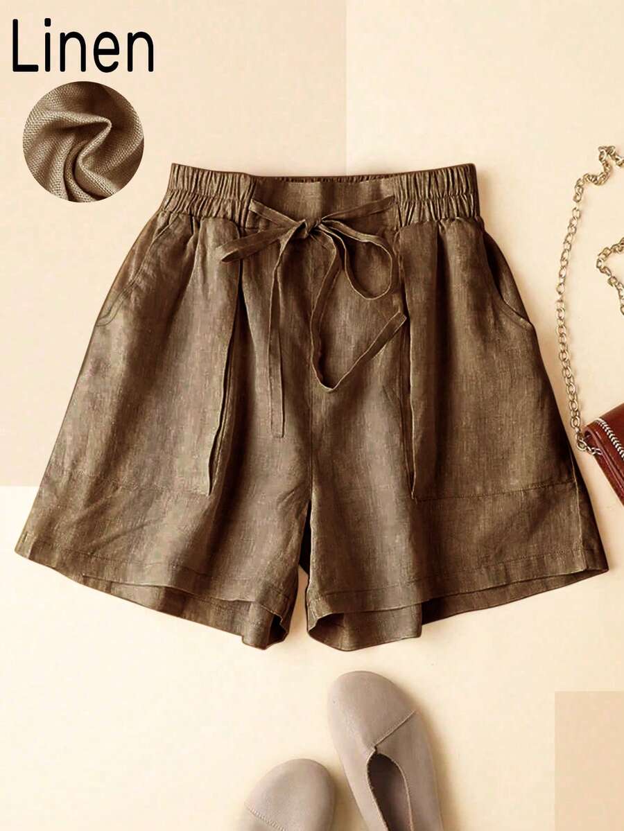 Women's Casual Linen Ruched Waist Pocket Shorts, Spring/Summer