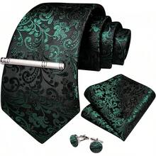 Silk Floral Necktie Set With Tie Clip, Handkerchief & Cufflinks - Black Green Floral - View 6