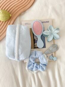 条纹图案蓬松柔软女士化妆包，拉链旅行化妆包，可爱格子洗漱包，返校用品