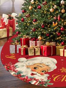 1pc Christmas Tree Skirt, Red Santa Claus Background With Snowflake Pattern, Gold Christmas Tree Skirt Decoration, Home Holiday Decor Round Tree Skirt - Multicolor - View 1