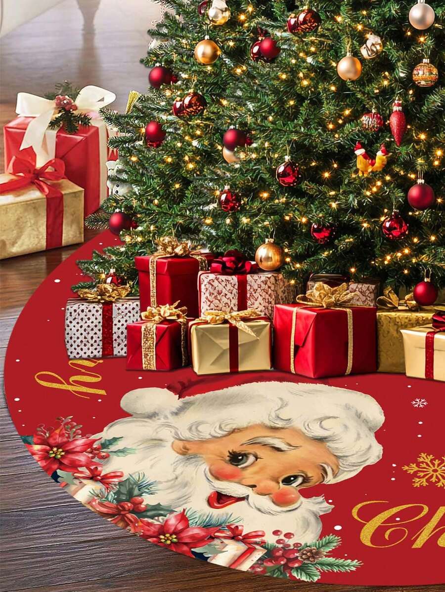 1pc Christmas Tree Skirt, Red Santa Claus Background With Snowflake Pattern, Gold Christmas Tree Skirt Decoration, Home Holiday Decor Round Tree Skirt - Multicolor - View 1