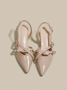 女士杏色漆皮尖头单带粗跟高跟鞋，优雅尖头正式高跟鞋，时尚露跟高跟鞋 - 杏色 - 查看 5