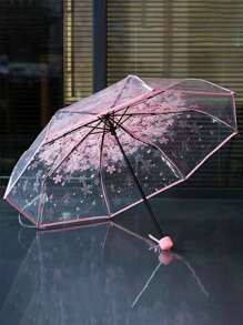 1pc Transparent Folding Umbrella, Self-Open/Close, Plastic, Cute, Thick, Suitable For Students Summer Cooling,Beach,Travel