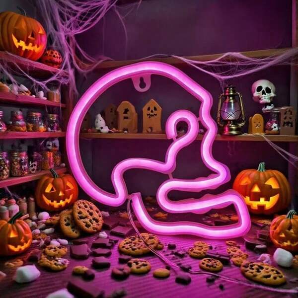 1pc Skull LED Neon Light, For Halloween Theme Party Decor, Room Wall Decor, Party Supplies, Suitable For Bar, Cafe, Restaurant, Bedroom, Living Room, Wall-Mounted Nightlight Halloween Decoration Room Deocr Halloween Garden Decor For Gift Fairy Holiday Decor Festival Decor