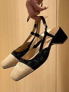 Casual Fashionable Versatile Contrast Color Chunky Heel Women Pumps - Black - View 3