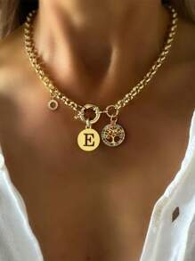 STYLEVER 1PC Gold Initial Letter Necklace, A-Z 26 Letter Pendant Colorful Zirconium Tree Of Life Letter Pendant Chain, Stainless Steel Chain, Unique And Exquisite Style