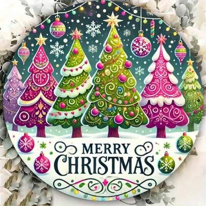 1 件 7.87x7.87 英寸金属圣诞 2D 圆形牌匾 - 粉色和蓝色花环设计，适用于家居、厨房、花园、门廊装饰，复古风格墙饰，独特的节日礼物，适合办公室和客厅，孔位随机