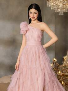 ALISA&LEO 少女单肩晚礼服，饰有荷叶边雪纺和花朵点缀——适合舞会、学校活动和庆典的正式礼服 - 粉色 - 查看 4