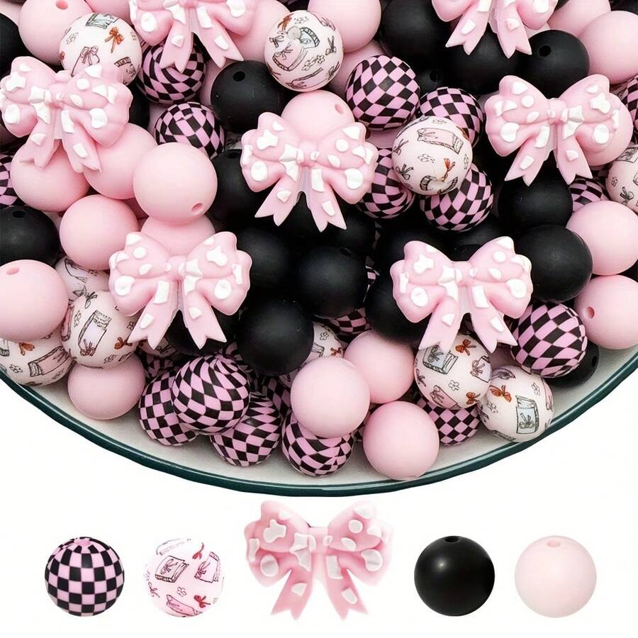 25/28/64pcs Wavy Dot Bow Silicone Bead Set - Perfect For DIY Keychain, Bracelet And Pen Accessories | Multiple Colors And Patterns, Keychain Accessories | Smooth Surface Beads - Beads & Bead Combinations - Bow Series - View 1