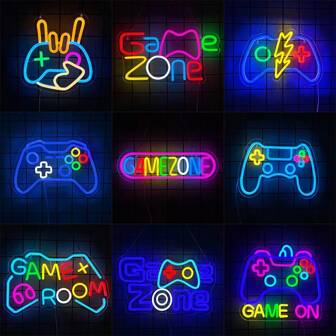 游戏区霓虹灯，游戏手柄形状的 LED 霓虹灯，用于游戏玩家房间装饰，游戏霓虹灯，用于男孩房间装饰，游戏墙面装饰的霓虹游戏标志，适合青少年、男孩、儿童的游戏玩家礼物，5V USB 供电，易于安装