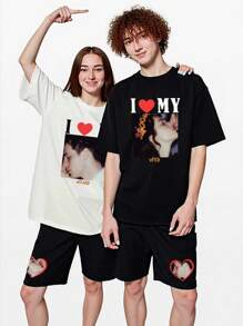 Customized 2 Pieces Set, White T-Shirt And Black Shorts, Casual, Loose, Streetwear, Sportswear, Vacation, Outdoor, Suitable For Couples, Family, Friends Birthday, Round Neck Graphic Tee And Drawstring Waist Shorts - White - View 7