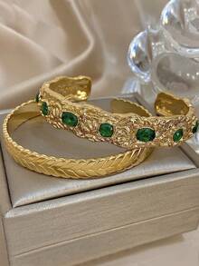 18K 镀金不锈钢奢华祖母绿手镯套装，适合女士，含方晶锆石，适合妈妈、教师、夏季旅行海滩珠宝、波西米亚风格珠宝、狂欢/舞会/派对/日常配饰、返校礼物、生日礼物、伴娘礼物、圣诞礼物