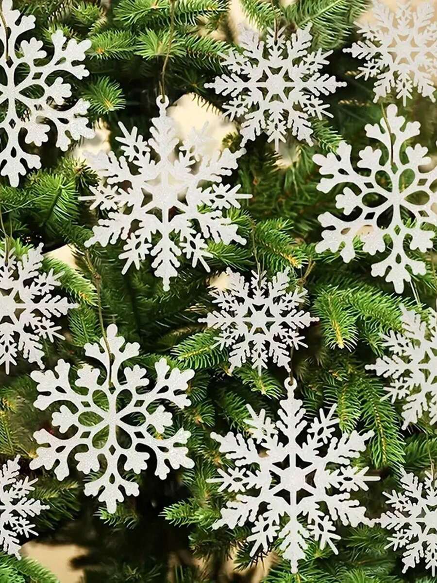 12 件圣诞雪花挂饰、圣诞树装饰、塑料闪光雪花装饰、室内冬季装饰、白色闪亮雪花挂饰，适合圣诞派对 - 彩色 - 查看 1