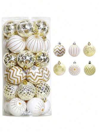 6个装圣诞球吊坠圣诞树黄白圣诞闪粉球吊坠圣诞壁炉花环装饰配件新年雪花闪粉装饰小球金粉装饰球适合新年圣诞派对