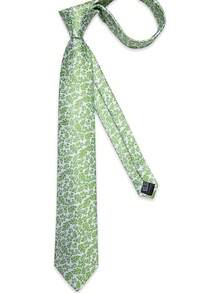 Silk Floral Necktie Set With Tie Clip, Handkerchief & Cufflinks - Green Floral - View 6