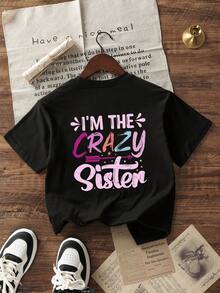 少女休闲印花黑色圆领短袖T恤，夏季上衣 - 黑色 - 查看 3