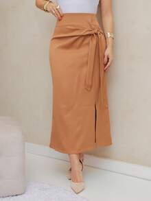 Frenchy Women's Casual Solid Color Drawstring Wrap Skirt, Spring/Summer/M5509 - Maroon - View 1