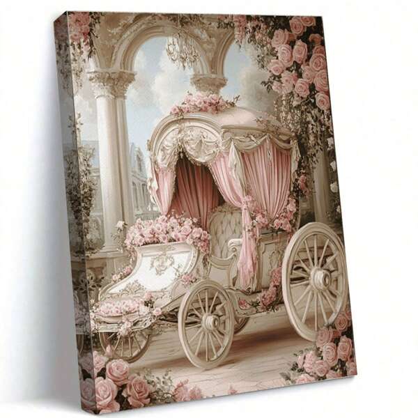1PC Canvas Painting Victorian Style Carriage With Pink Roses, Realistic, Suitable For Office, Classroom, Kitchen, Bedroom, Bathroom Wall Decoration, Ideal Gift, Modern, Botanical, Vintage,