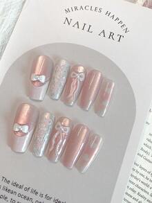 Summer Nail Art Is Gentle And Sweet. The 10-Piece Set Includes A Long-Style Coffin-Shaped Pink French-Style White Three-Dimensional Bow, Hand-Painted Pink Bow, Hearts, And Shiny Fine Glitter To Enhance Whiteness, Making It A Sophisticated And High-End Style Nail Art For Wearing.