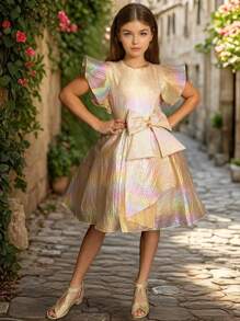 Tween Girl Champagne Gold Bowknot Elegant Dress, For Wedding, Prom, Party, Birthday, Holiday, Summer - Gold - View 2