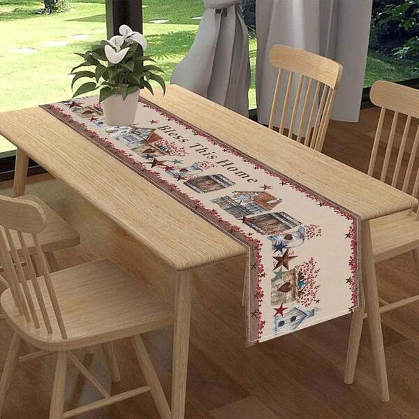 1pc Farmhouse Table Runner, Vintage Barn Texas Star Berries Rustic Cowboy Coffee Table Center Decor For Home Kitchen Dining Room Patio Holiday Party