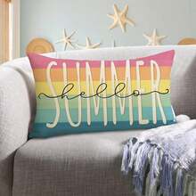 1 件 Hello Summer 装饰抱枕套，彩虹条纹靠垫套，适合季节性家居沙发装饰，数码单面印刷，30x50 厘米，适用于沙发卧室户外汽车装饰，无枕芯，亚麻面料 - 彩色 - 查看 1