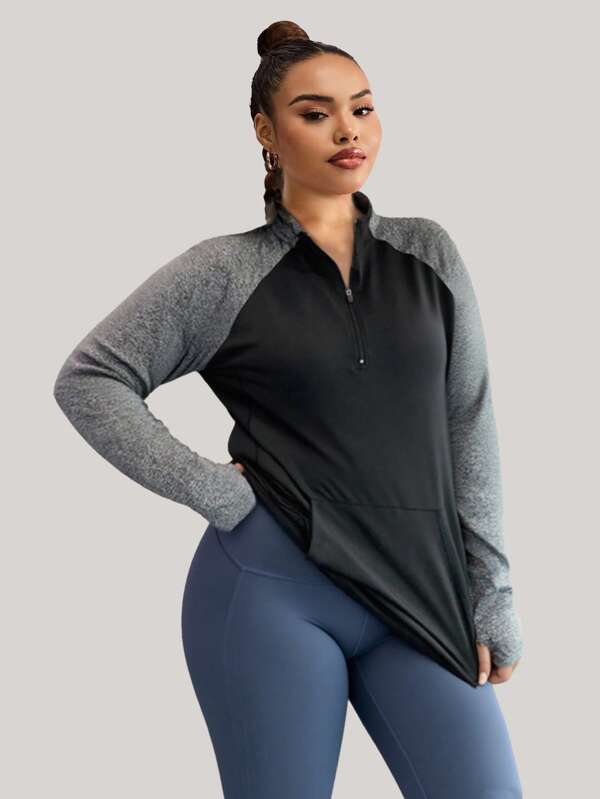 Christmas Plus Size Women Color Block Half Zip Fitness T-Shirt, Fashionable Long Sleeve Activewear Top, Suitable For Running & Yoga, Autumn/Winter