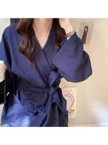 1 szt. Szlafrok nocny z teksturą waflową, swobodny, domowy, w stylu kimona, chłonny szlafrok, odpowiedni dla mężczyzn i kobiet, może służyć jako piżama, wiosna/jesień