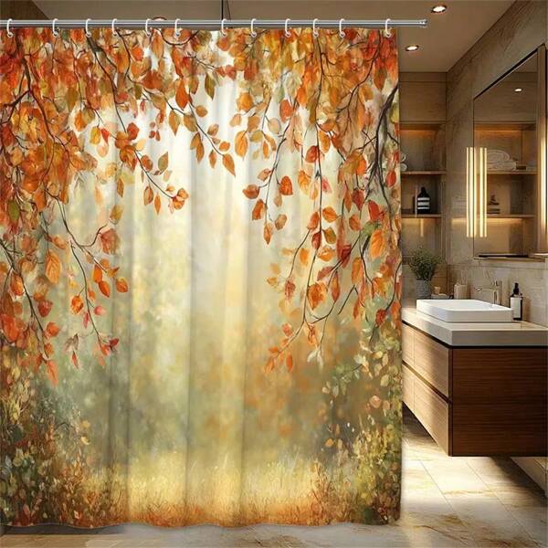 Cortina de ducha con escena de bosque otoñal - Hojas naranjas, rojas y amarillas románticas, con ganchos, decoración de baño, decoración de habitación, decoración del hogar, accesorios de baño, Acción de Gracias