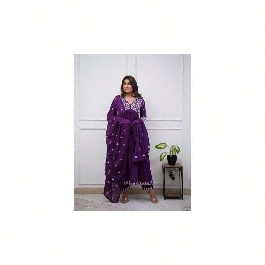 Purple Muslin Intricate Embroidered Anarkali Suit Set UK Next Day - Multicolor - View 1
