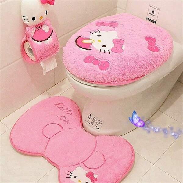 Sanrio Sanrio Hello Kitty 3pcs Bathroom Set: Soft & Absorbent Carpet, Contour Mat & Toilet Seat Cover - Cozy Polyester Blend For Comfort & Style