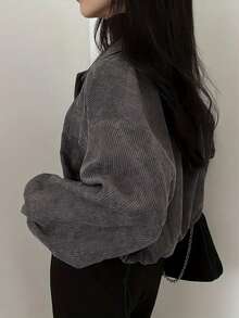 韩版复古短领长袖衬衫，宽松版型女式春季外套 - 灰色 - 查看 3