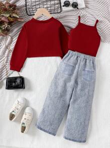 Conjunto de 3 piezas para niña: Suéter informal de manga larga, camiseta estampada y pantalones, para primavera/otoño