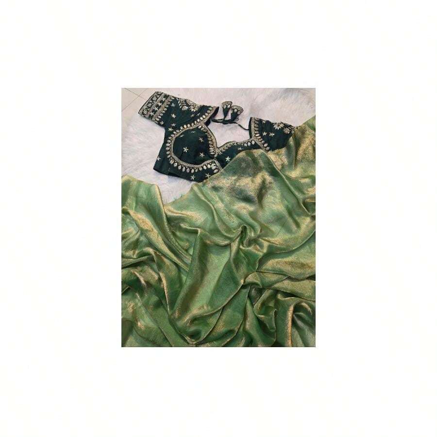 Green Silk Saree With Readymade Blouse Free UK Next Day - Multicolor - View 1