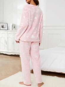 2pcs Women Fluorescent Cute Heart, Star, Moon Flannel Casual Thickened Warm Sleepwear Set, Crew Neck Long Sleeve Top And Elastic Waist Pants, Suitable For Spring, Summer, Autumn, Winter, Fall Clothes, Fluffy Pajama, Cozy - Pink - View 2