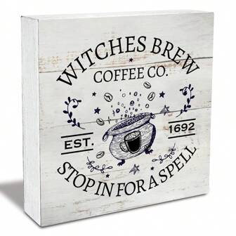 Rustik häxa brygger kaffe trälåda skylt höstkaffe trälåda skylt halloween skylt bondgård hem skrivbord hylldekor
