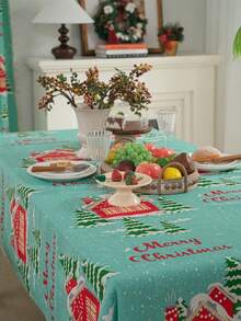 1 pièce Nappe de table de Noël avec imprimé de maison rouge et flocons de neige, convient pour la décoration de fête familiale de vacances de Noël, couverture de table de cuisine et de salle à manger, décoration de meuble TV