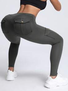 Women's Camouflage Pattern Outdoor Cargo Leggings, Pockets & Butt Lifting Outdoor Skinny Pants, Sports Workout Tight Pants Spring - Dark Grey - View 3
