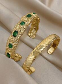 18K 镀金不锈钢奢华祖母绿手镯套装，适合女士，含方晶锆石，适合妈妈、教师、夏季旅行海滩珠宝、波西米亚风格珠宝、狂欢/舞会/派对/日常配饰、返校礼物、生日礼物、伴娘礼物、圣诞礼物