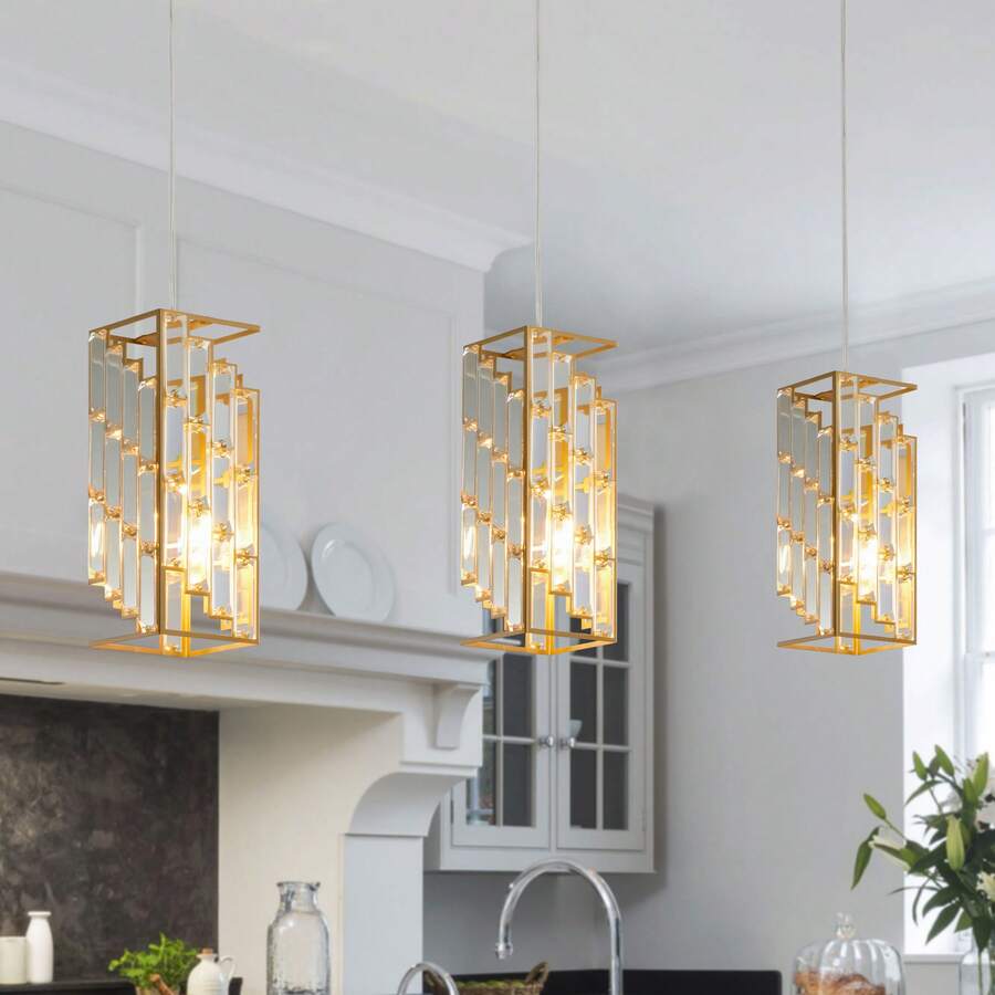 Modern Crystal Pendant Light - 3 Pack, Adjustable Hanging Ceiling Lamp With Crystal Prism Design For Dining Room, Kitchen Island, And Living Room -Golden Finish - Vàng - Xem 1