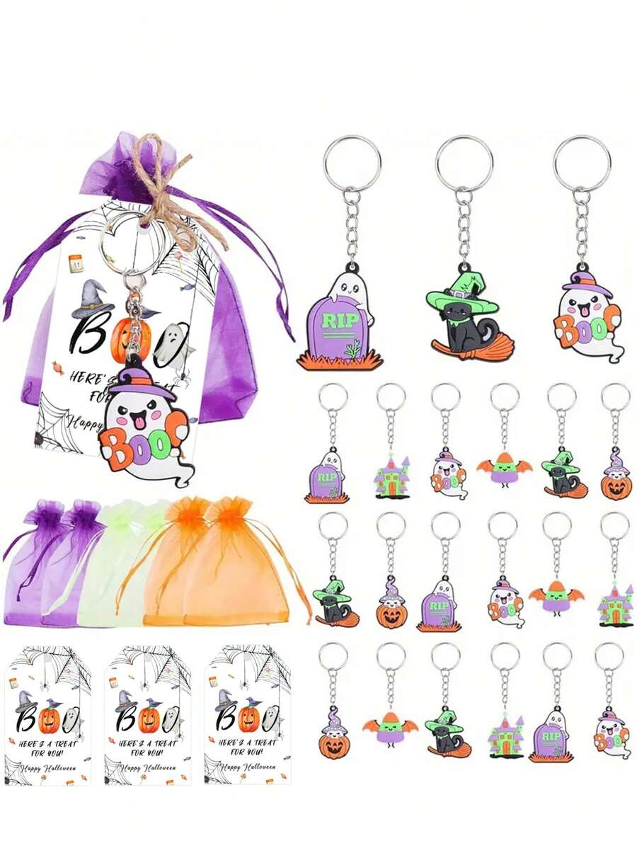 48 Stück/24 Stück Halloween Schlüsselanhänger Geschenkset, enthält 6 Stück Halloween Schlüsselanhänger, 6 Stück Dankeskarten, 6 Stück Organzabeutel und 6 Stück 40cm Leinenbeutel, mit Geist, schwarzer Katze, Fledermaus, Kürbis Mustern, geeignet für Halloween Party Gastgeschenke, Taschenanhänger, Spukhaus Dekorationen, Halloween Dekorationen