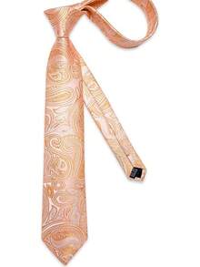 Conjunto de corbata de seda con estampado floral, incluye pinza de corbata, pañuelo y gemelos - Coral Paisley - Ver 8