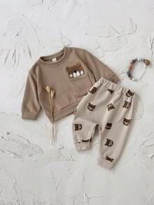 2 件套婴幼儿男女休闲熊刺绣长袖运动衫和熊印花长裤套装，春秋 - 杏色 - 查看 8