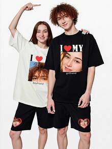 Customized 2 Pieces Set, White T-Shirt And Black Shorts, Casual, Loose, Streetwear, Sportswear, Vacation, Outdoor, Suitable For Couples, Family, Friends Birthday, Round Neck Graphic Tee And Drawstring Waist Shorts - White - View 5