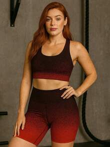 Women's Gym Fitness Sports Set Shorts + High Waist Premium Gradient Top - Coral Pink - View 2